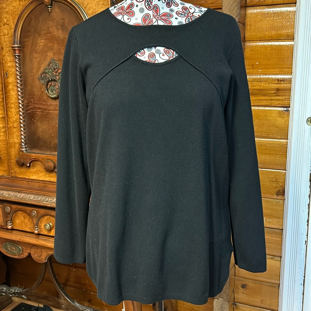 Addition Elle Plus Size Long Sleeve Black Ribbed Peekaboo Top 2X